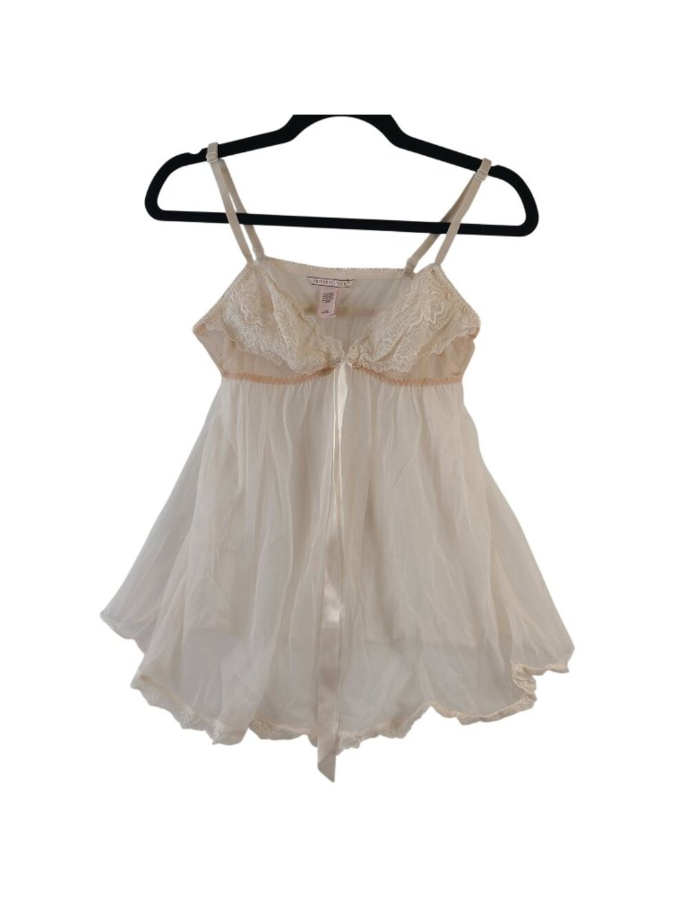 Victorias Secret Ivory Sheer Lace Babydoll Lingerie With Satin Ribbon Tie Size L
